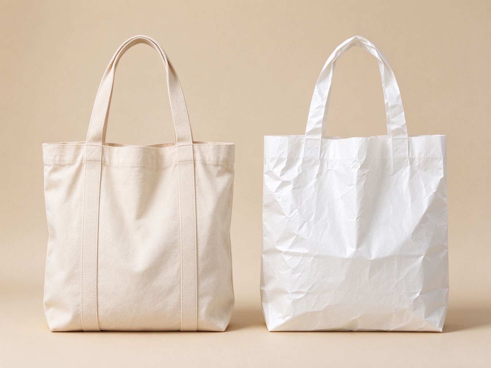 Custom cotton canvas tote bag and white crinkled Tyvek paper bag side by side in studio